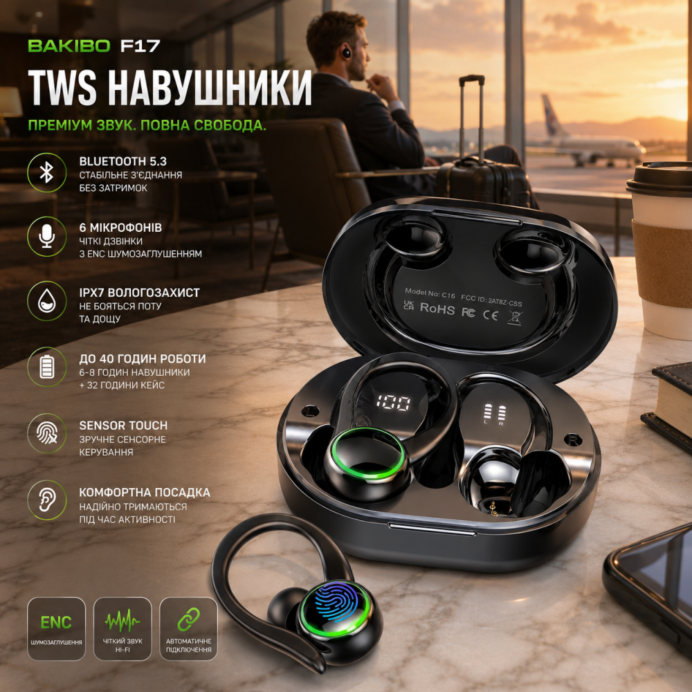 Бездротові навушники Bakibo F17 TWS Dark Black — Bluetooth 5.3 навушники-вкладиші з 6 мікрофонами, ENC та вологозахистом IPX7 Київ - фото 7