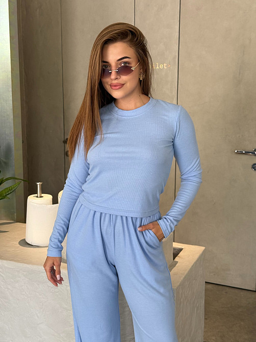 Жіночий костюм у рубчик із широкими штанами Блакитний XS/S Харків - фото 8