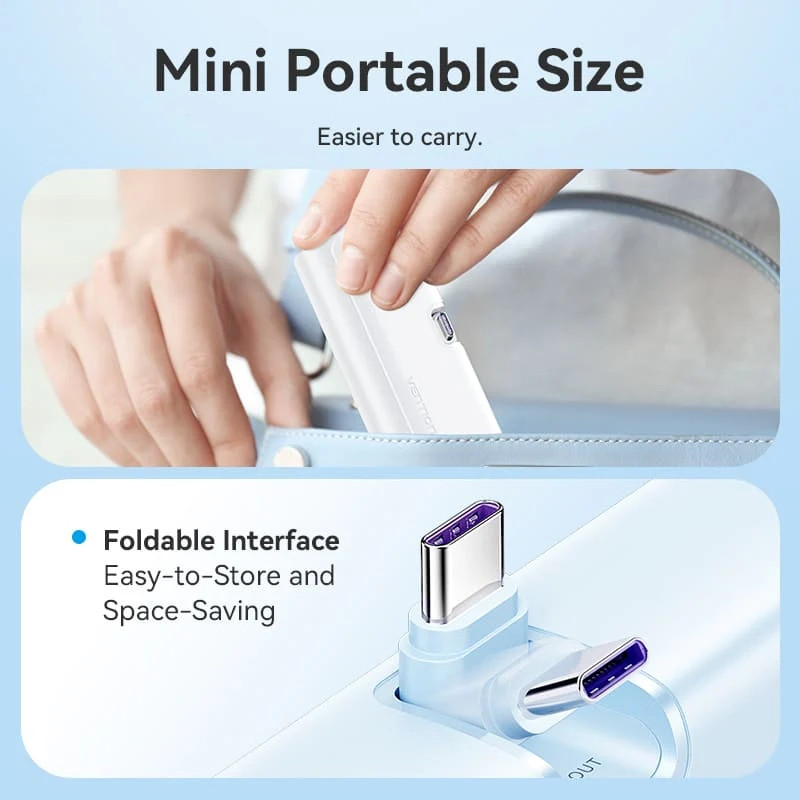 УМБ Vention 4800mAh 22,5W PD, USB-C In/Out, LED display, with built-in USB-C cable White Вінниця - фото 3