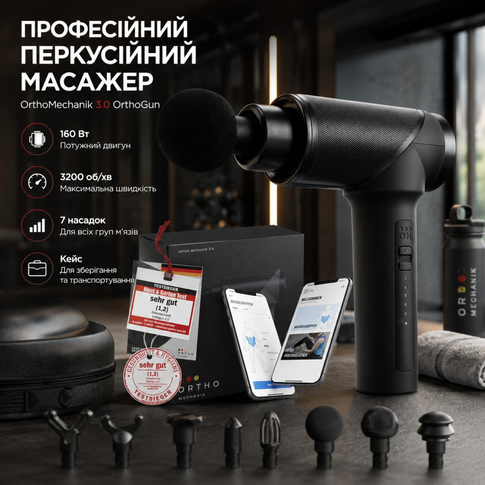 Перкусійний Масажний пістолет OrthoMechanik 3.0 OrthoGun: Професійний перкусійний масажер 160 Вт, 7 насадок, 3200 об/хв, Кейс Київ - фото 9