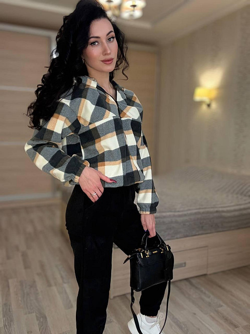 Женский прогулочный теплый костюм: кофта в клетку и штаны турецкий двусторонний флис Черный, 46/48 Одесса - изображение 2