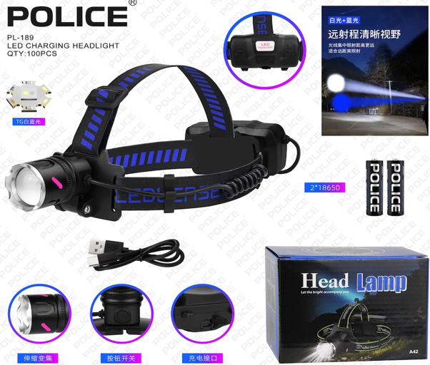 Налобний ліхтар Bailong PL-189, 2x18650, Type-C, TG LED, Zoom Дніпро - фото 1