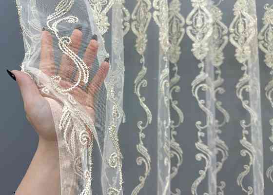 Тюль VR-Textil 1852т Фатин с вышивкой Корд и люрексом Молочный с золотистым 300х270 см (40-206) Киев