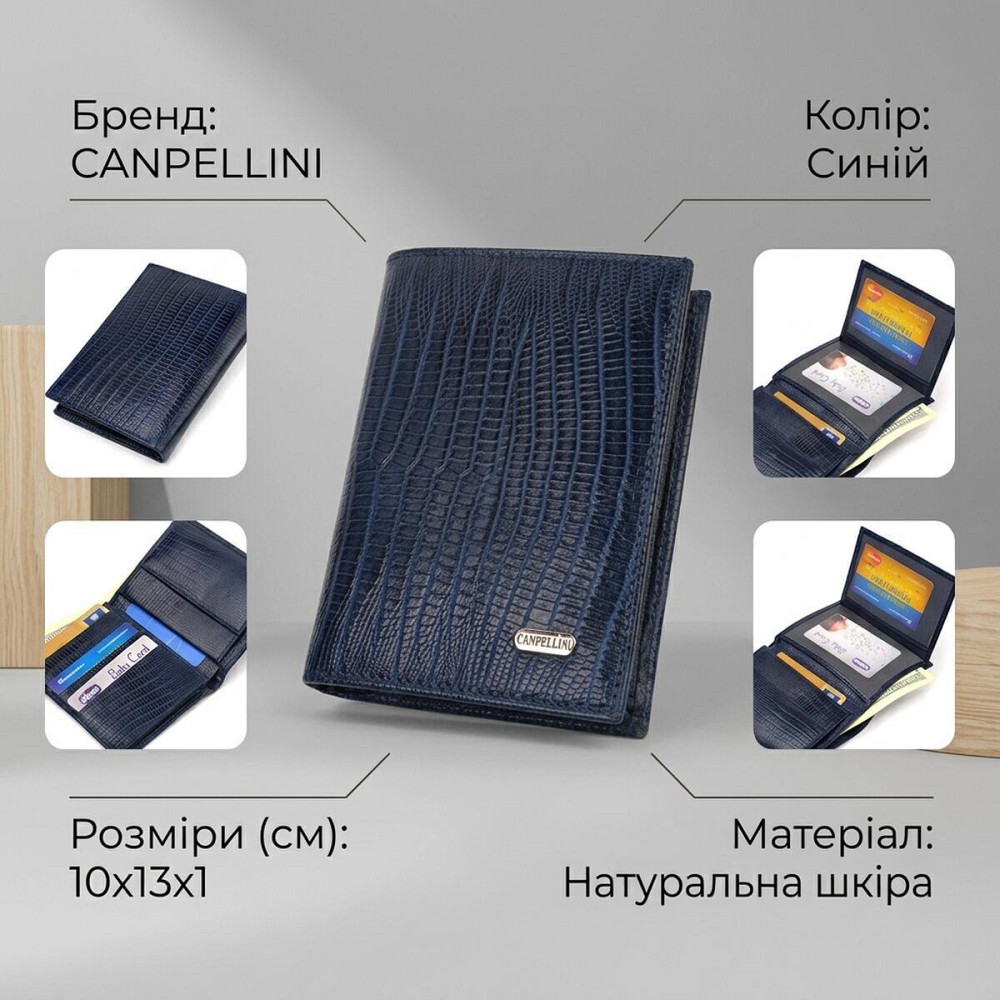 Мужской кошелек вертикального формата из натуральной кожи с тиснением CANPELLINI 21752 Синий Киев - изображение 13