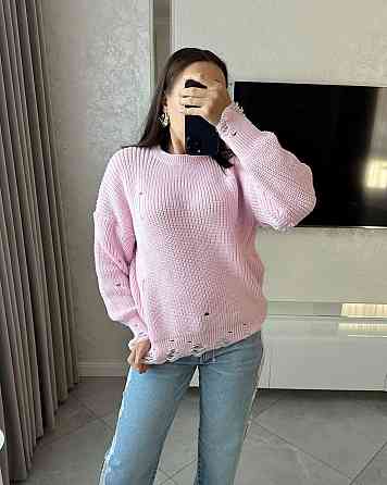 Жіночий затишний оверсайз светр із рваним ефектом машинне в'язання Рожевий Одеса