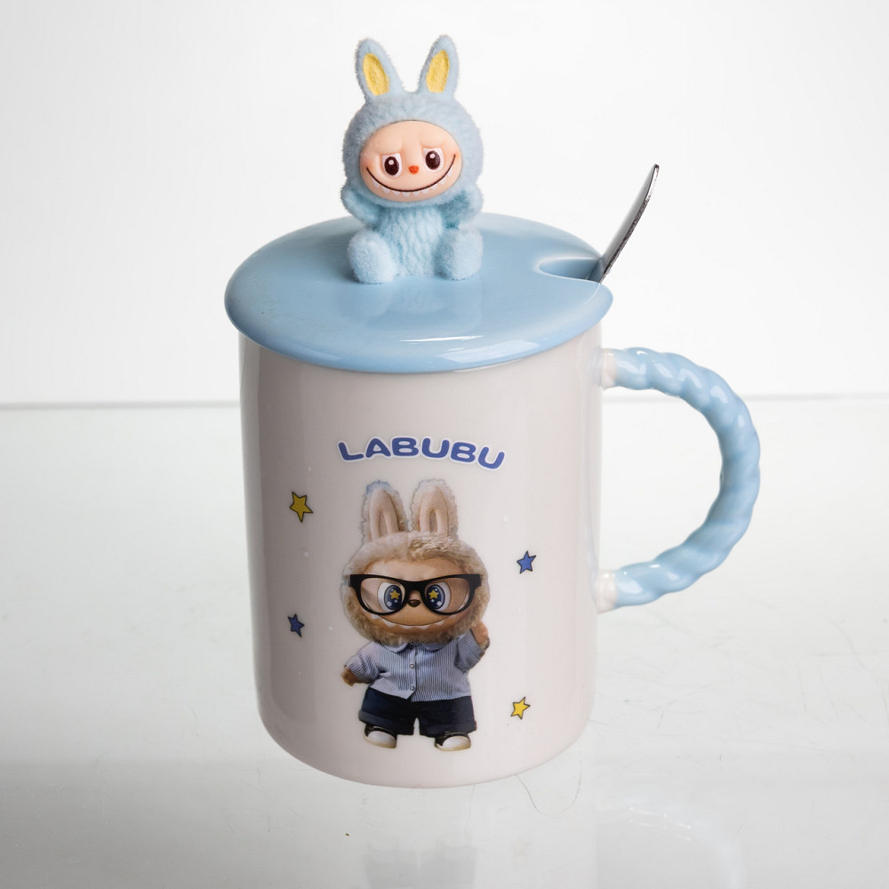 Чашка порцелянова з кришкою і ложкою Labubu 400 (мл) подарункова кружка прикольна чашка для дітей на подарунок Блакитний FM-35B Коломыя - изображение 2