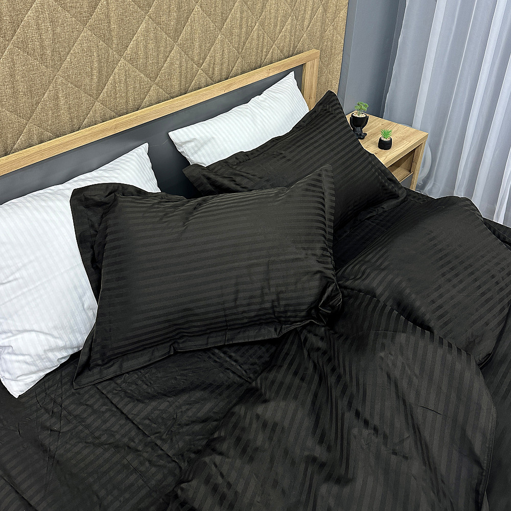 Комплект постельного белья Страйп-сатин Евро 200х230 с простыней на резинке Черный (88-119) Киев - изображение 1