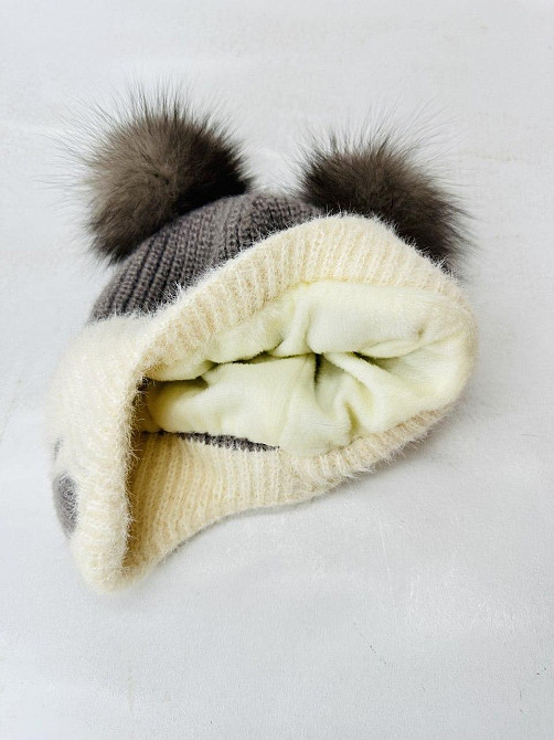 Шапка детская зимняя с натуральными помпонами песца Бежевый Харьков - изображение 4