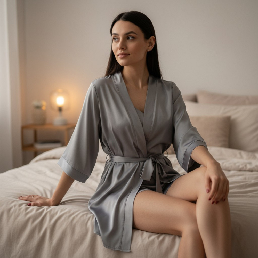 Халат жіночий шовковий під пояс довжина 90см Сірий XL/2XL Харків - фото 6