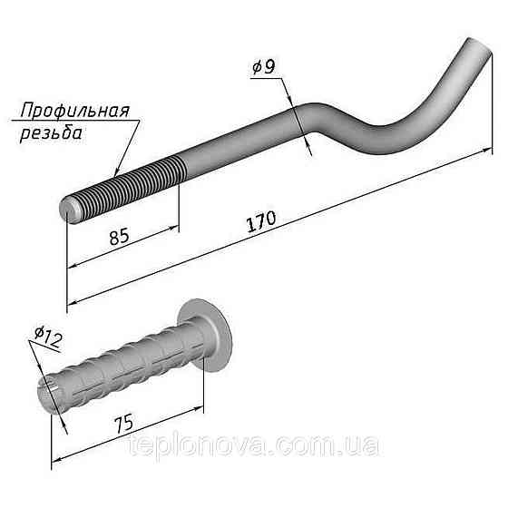 Комплект кронштейнів радіатора CRISTAL NS-1015 штирковий прогумований із дюбелем Ø9х170 мм (2 шт.) Чернівці