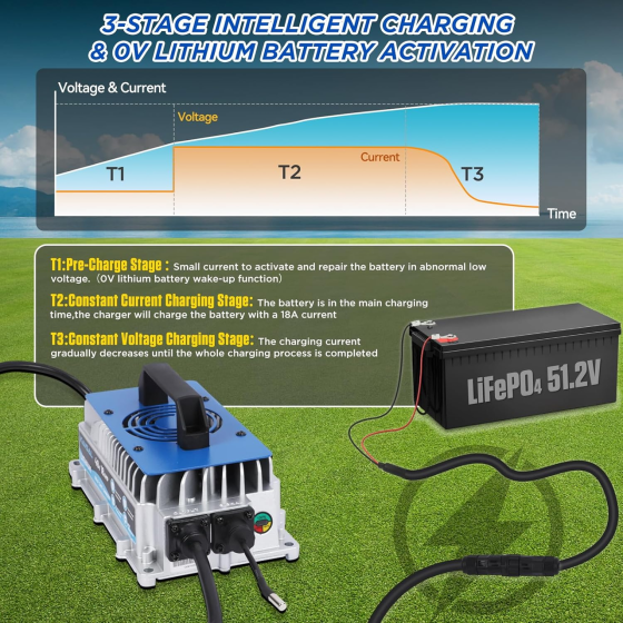 Умное зарядное устройство KAISAL 48V (58.4V) 18A для LiFePO4 аккумуляторов: IP67 Waterproof, 3-этапная зарядка, Blue Киев
