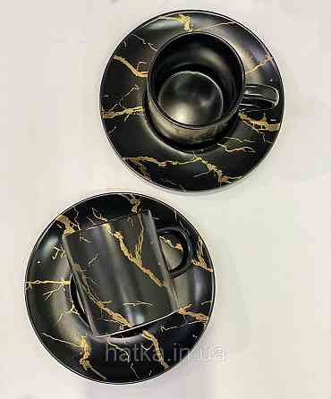 ЧАЙНИЙ НАБІР 2 ЧАШКА 2 БЛЮДЦІ "МРАМОРНА РОЗКОШИЙ" 220 мл Чорна З ЗОЛОТОМ Київ