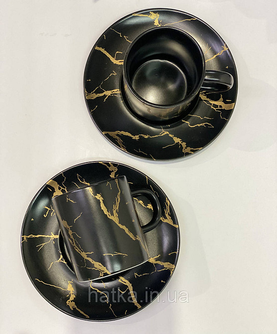 ЧАЙНИЙ НАБІР 2 ЧАШКА 2 БЛЮДЦІ "МРАМОРНА РОЗКОШИЙ" 220 мл Чорна З ЗОЛОТОМ Київ - фото 4