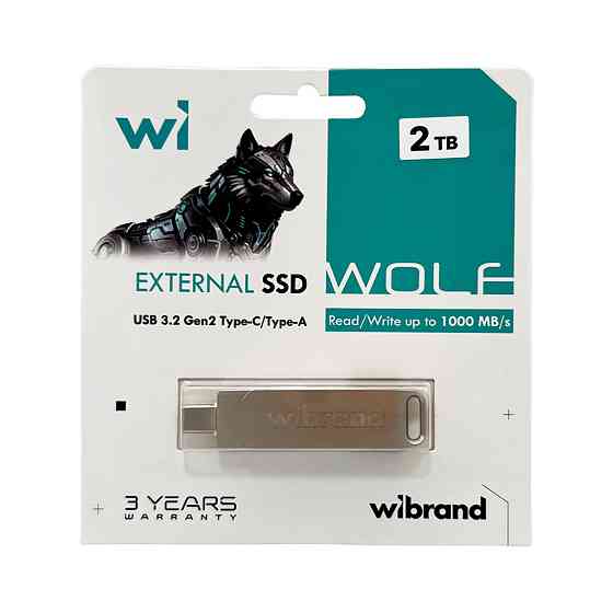Портативний SSD Wibrand Wolf 2TB USB 3.2 Gen.2 Type-C/Type-A Read/Write 1000MB/s Silver Одеса