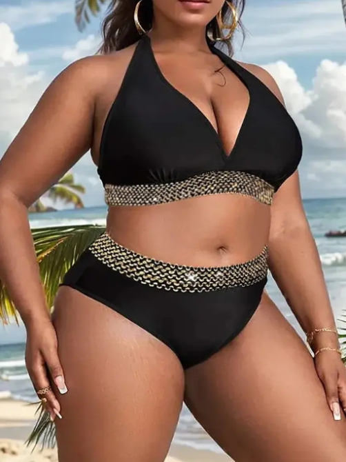 Роздільний купальник великого розміру з високою талією чорно-золотистий 2XL Київ - фото 5