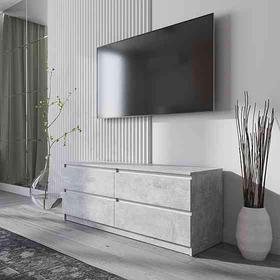 Тумба под телевизор VAYS R-6 Бетон-Белые планки, 4 ящика без ручек, ЛДСП, 140×40×53 см Львов