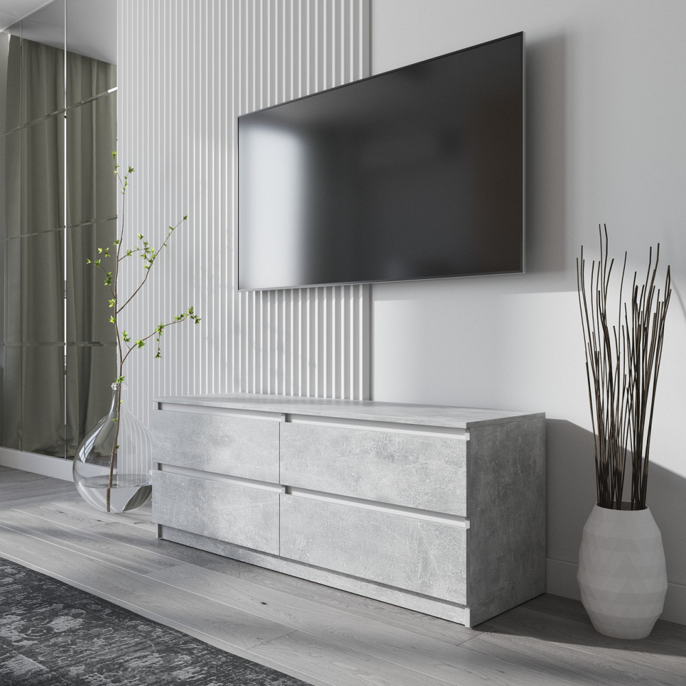 Тумба под телевизор VAYS R-6 Бетон-Белые планки, 4 ящика без ручек, ЛДСП, 140×40×53 см Львов - изображение 1