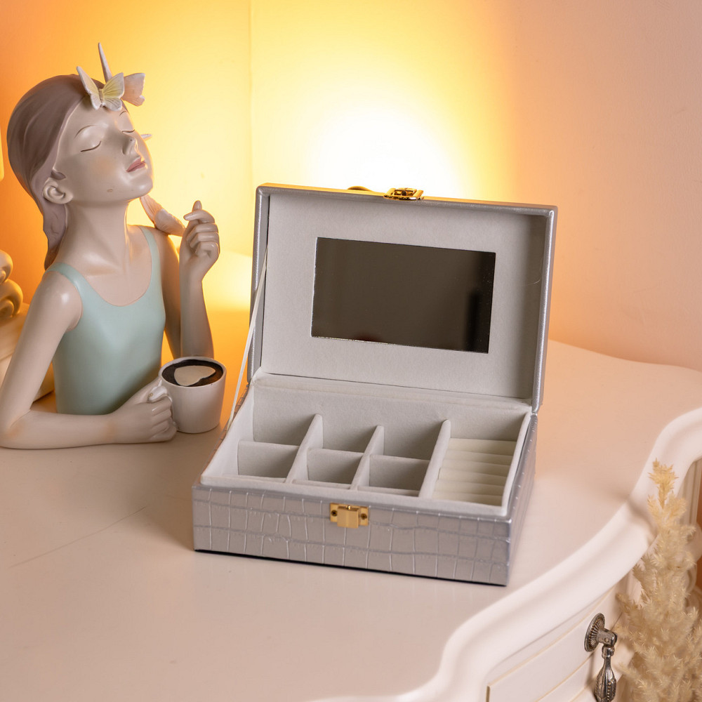 Скринька для прикрас з еко шкіри 10 відділень з дзеркалом 20×14×8 см Сірий HP-5-19G Київ - фото 7