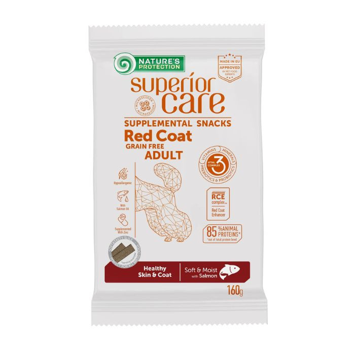 Nature's Protection Superior Care Red Coat Healthy Skin & Coat Беззернові ласощі для дорослих собак з рудим забарвленням з лососем, 160 г Київ - фото 1