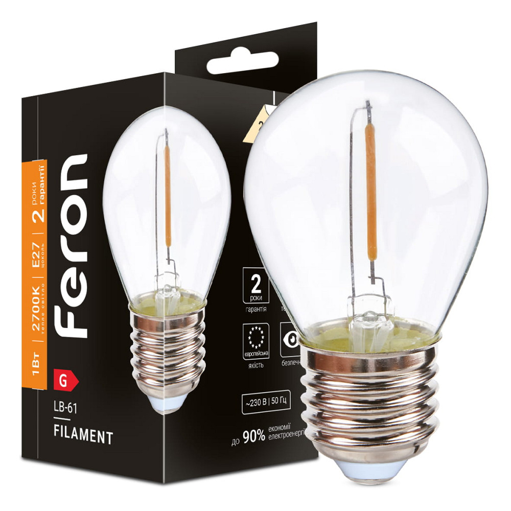 Світлодіодна лампа Feron Filament LB-61 1Вт E27 2700K прозора Харків - фото 1