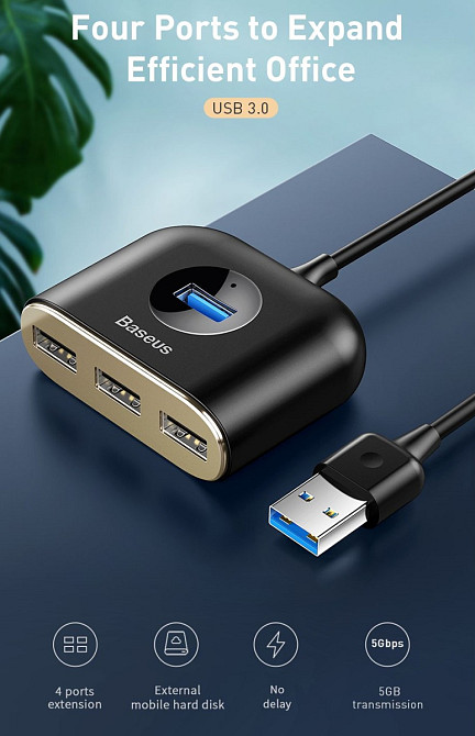HUB адаптер Baseus Square Round 4in1 USB 3.0 to 1USB 3.0+3 USB 2.0+1micro USB CAHUB-AY01 (Черный) Николаев - изображение 4