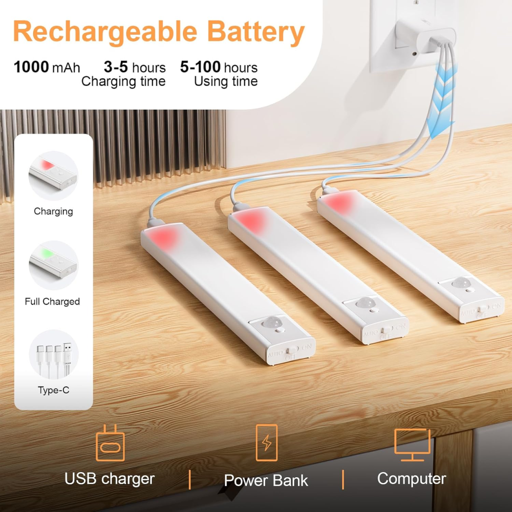 Акумуляторні світильники Daphomeu 20 см, 5 шт., LED 42 діоди, 3000K, 3 рівні яскравості, датчик руху, USB-C Київ - фото 7