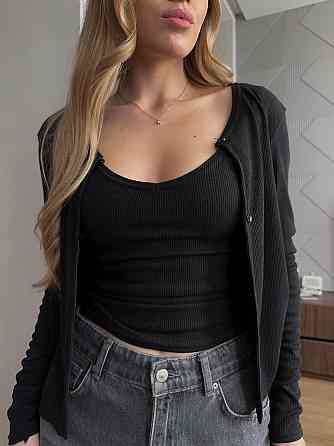 Женский базовый повседневный комплект из майки и кофты трикотаж рубчик Черный, 44/46 Одесса