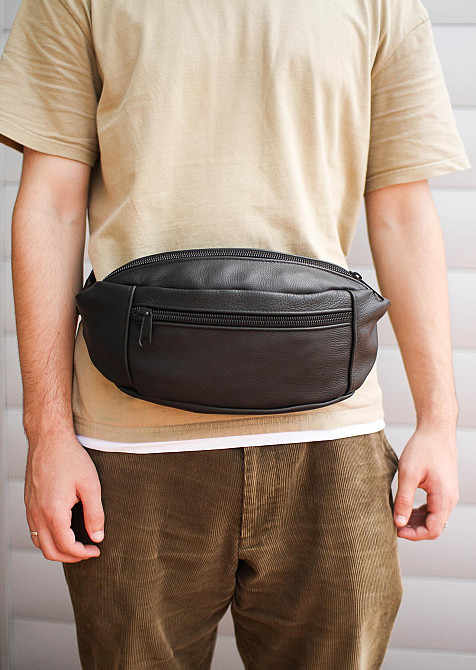 Кожаная мужская бананка, поясная сумка SL003 (Черная) Сумы - изображение 5