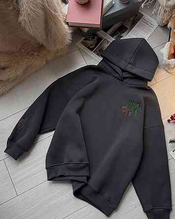 Женская стильная теплая худи с вышивкой турецкая трехнить на флисе пенье Графит Одесса