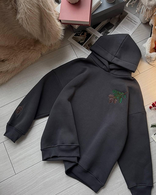 Женская стильная теплая худи с вышивкой турецкая трехнить на флисе пенье Графит Одесса - изображение 4