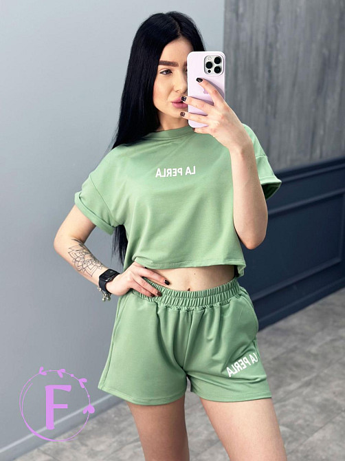 Костюм спортивний з шортами "La perla" оптом | Розпродаж моделі Фісташковий, 42-44 Київ - фото 2