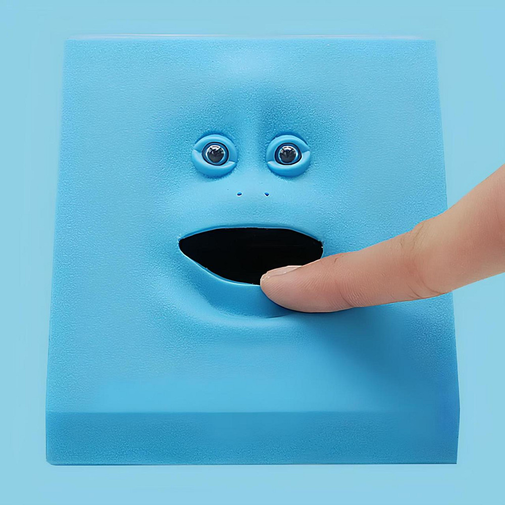 Копилка жующая монеты Facebank синяя — оригинальная копилка с движущимся лицом, поедающая монеты, 10×10 см Киев - изображение 1