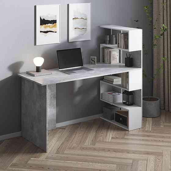 Комп’ютерний стіл VAYS M-15 Бетон-Білий, письмовий з полицями праворуч, ЛДСП, 142×60×123 см – для дому, навчання, офісу Львів
