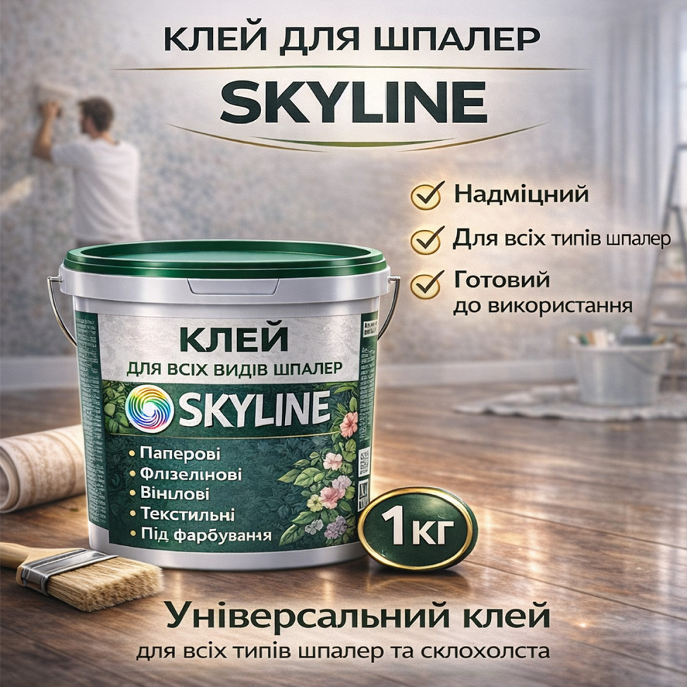 Клей для шпалер Skyline універсальний суперміцний для скловолокна і важких шпалер, готовий без запаху 1 кг Харків - фото 1