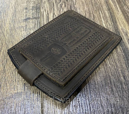 Шкіряна обкладинка для автодокументів на кнопці (коричнева) Київ - фото 3