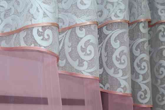 Кухонные шторы VR-Textil № 091к с ламбрекеном и подвязками розовый с белым 270х170 см (52-0838) Киев