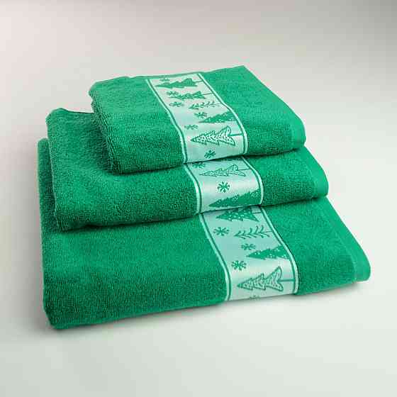 Комплект махровых полотенец Новогодние Merry Christmas Елки 3шт GM Textile 40х70см, 50х90см, 70х140см 500г/м2 (Зеленый) Сумы