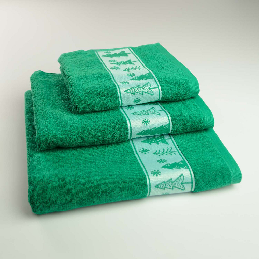 Комплект махровых полотенец Новогодние Merry Christmas Елки 3шт GM Textile 40х70см, 50х90см, 70х140см 500г/м2 (Зеленый) Сумы - изображение 1