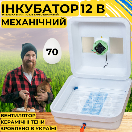 Інкубатор для яєць з механічним переворотом Рябушка Smart 70 12в Турбо з живленням 2в1 від 12В та 22 Київ