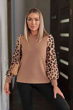 Стильна жіноча кофтинка з леопардовими рукавами "Alberta" | Норма і батал Капучіно, 42-44 Київ