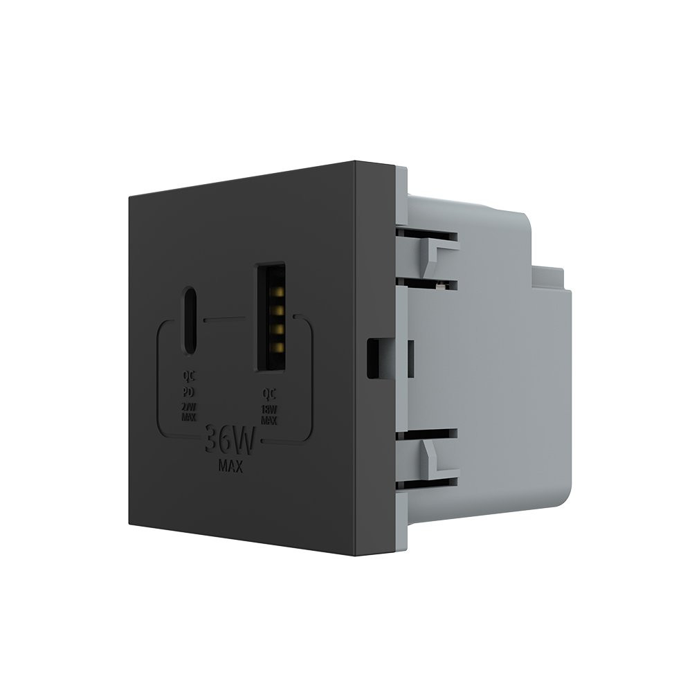 Розетка LIVOLO USB-A + USB-C PD 36Вт, чорна, швидке заряджання, Power Delivery QC 3.0, модуль (VL-FCUA18W.UC18W-2BP) Коломыя - изображение 3