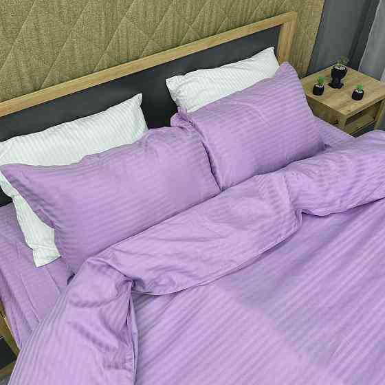 Комплект постільної білизни Страйп-сатин Двоспальний 180х220 з простирадлом на резинці Лавандовий (88-175) Київ