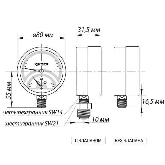 Термо-манометр радиальный (KOER KM.821R) (0-4 bar), D 80мм, 1/4''-1/2'' (KR0213) Киев