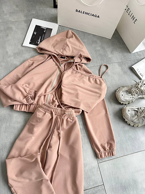 Женский повседневный костюм тройка: кофта топ и штаны двунить 46/48, Беж Одесса - изображение 1