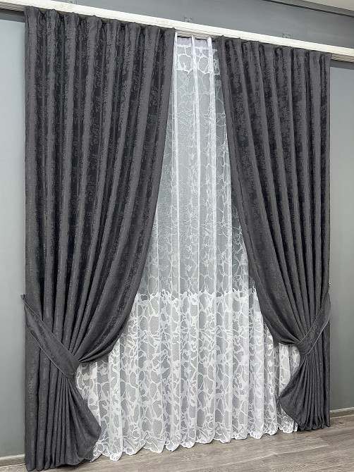 Комплект штор VR-Textil Жакард Мармур 100х270 2шт і Тюль 300х270 1211ш-1529т Графітовий з білим 71-184/1 Київ - фото 2