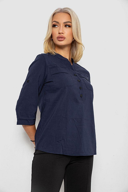 Блуза однотонная V-образный вырез, 3/4 рукав, с карманами, хлопчатобумажная, Синий, S Лубны - изображение 13