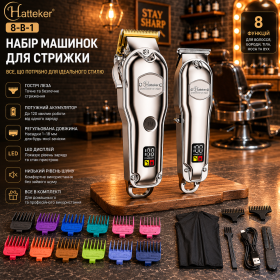 Профессиональный набор для стрижки Hatteker PRO Metal: Машинка + Триммер — IPX7 Водонепроницаемые, 300 мин работы, LCD-дисплей Киев
