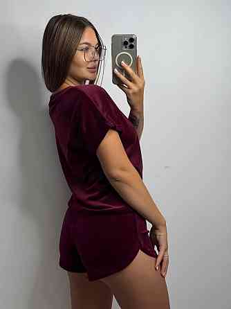 Піжама-комплект (футболка + шорти + штани) з плюшевого велюру Бордо S Харків