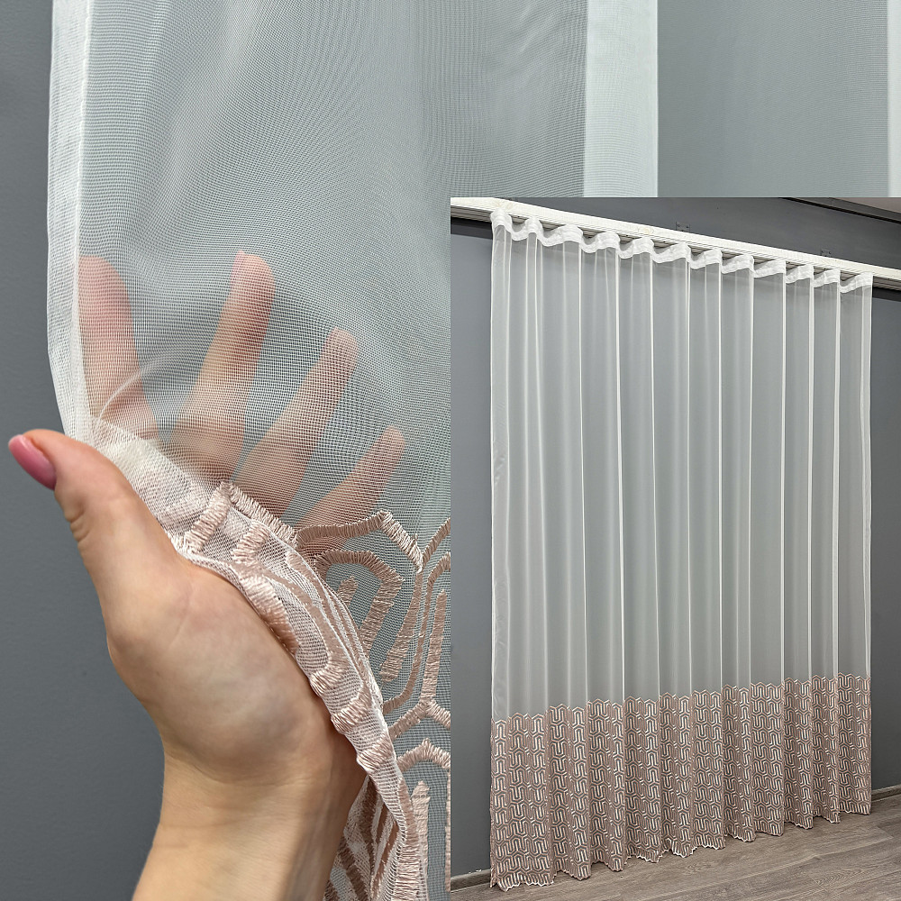 Тюль фатин з вишивкою колір білий з пудровим 1506т Київ - фото 1