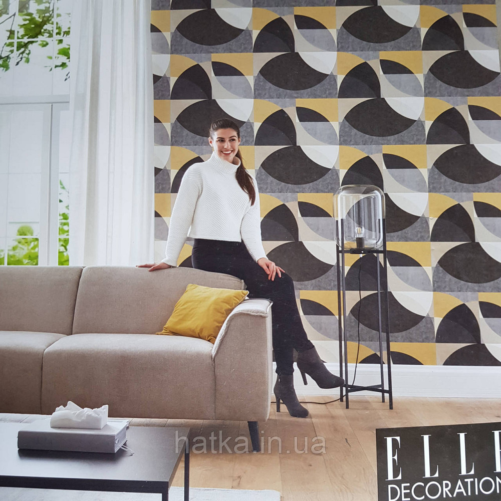 Шпалери метрові вінілові на флізелін дизайнерські Erismann Elle геометрія ромби кола жовтий чорний сірий Київ - фото 1